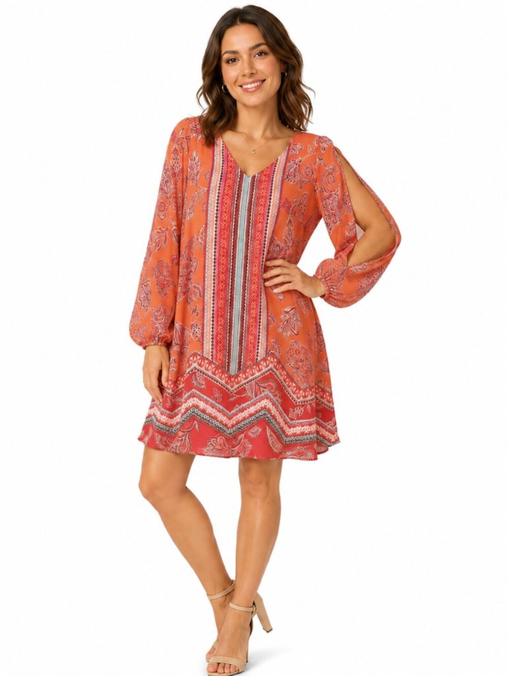 Cato Women's Orange/Pink Boho Style Floral and Paisley Print Dress